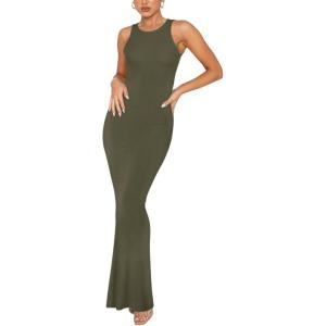 imageREORIA Womens Basic Summer Sexy Lounge Tank Long Dress Elegant Sleeveless Halter Neck Bodycon Maxi DressesArmy Green