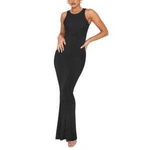 imageREORIA Womens Basic Summer Sexy Lounge Tank Long Dress Elegant Sleeveless Halter Neck Bodycon Maxi DressesBlack
