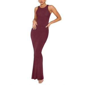 imageREORIA Womens Basic Summer Sexy Lounge Tank Long Dress Elegant Sleeveless Halter Neck Bodycon Maxi DressesBurgundy