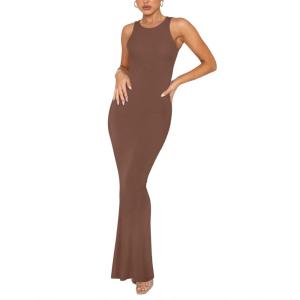 imageREORIA Womens Basic Summer Sexy Lounge Tank Long Dress Elegant Sleeveless Halter Neck Bodycon Maxi DressesCoffee