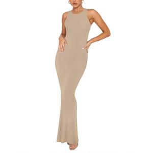 imageREORIA Womens Basic Summer Sexy Lounge Tank Long Dress Elegant Sleeveless Halter Neck Bodycon Maxi DressesKhaki