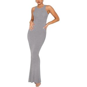 imageREORIA Womens Basic Summer Sexy Lounge Tank Long Dress Elegant Sleeveless Halter Neck Bodycon Maxi DressesLight Grey