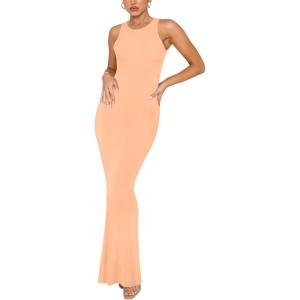 imageREORIA Womens Basic Summer Sexy Lounge Tank Long Dress Elegant Sleeveless Halter Neck Bodycon Maxi DressesPeach Fuzz