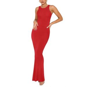 imageREORIA Womens Basic Summer Sexy Lounge Tank Long Dress Elegant Sleeveless Halter Neck Bodycon Maxi DressesRed