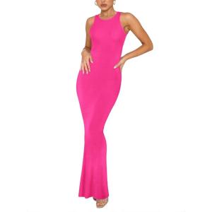 imageREORIA Womens Basic Summer Sexy Lounge Tank Long Dress Elegant Sleeveless Halter Neck Bodycon Maxi DressesRose Red