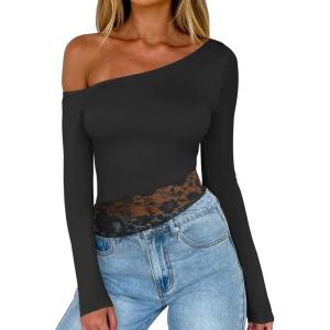 imageREORIA Womens Long Sleeve Crop Tops Double Lined Lace Off The Shoulder Tops Regular Fitted Shirts Y2k Trendy Going Out TopsBlack