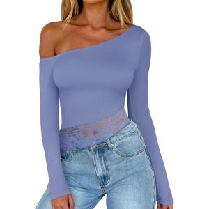 imageREORIA Womens Long Sleeve Crop Tops Double Lined Lace Off The Shoulder Tops Regular Fitted Shirts Y2k Trendy Going Out TopsBlue Nova