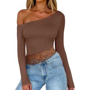 imageREORIA Womens Long Sleeve Crop Tops Double Lined Lace Off The Shoulder Tops Regular Fitted Shirts Y2k Trendy Going Out TopsCoffee