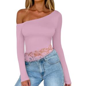 imageREORIA Womens Long Sleeve Crop Tops Double Lined Lace Off The Shoulder Tops Regular Fitted Shirts Y2k Trendy Going Out TopsPetal