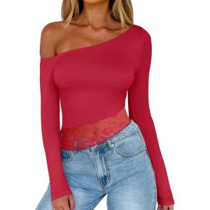 imageREORIA Womens Long Sleeve Crop Tops Double Lined Lace Off The Shoulder Tops Regular Fitted Shirts Y2k Trendy Going Out TopsRed