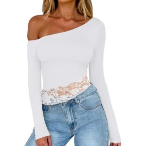 imageREORIA Womens Long Sleeve Crop Tops Double Lined Lace Off The Shoulder Tops Regular Fitted Shirts Y2k Trendy Going Out TopsWhite