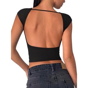 imageREORIA Womens Sexy Backless Going Out Crop Tops Double Lined T Shirts Open Back Y2k Trendy Crop TopsBlack