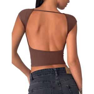 imageREORIA Womens Sexy Backless Going Out Crop Tops Double Lined T Shirts Open Back Y2k Trendy Crop TopsCoffee