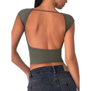 imageREORIA Womens Sexy Backless Going Out Crop Tops Double Lined T Shirts Open Back Y2k Trendy Crop TopsGrey