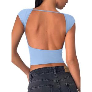 imageREORIA Womens Sexy Backless Going Out Crop Tops Double Lined T Shirts Open Back Y2k Trendy Crop TopsSky Blue