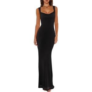 imageREORIA Womens Summer Cowl Neck Mesh Sleeveless Tank Dress Sexy Double Lined Bodycon Maxi Long DressesBlack
