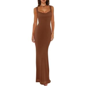 imageREORIA Womens Summer Cowl Neck Mesh Sleeveless Tank Dress Sexy Double Lined Bodycon Maxi Long DressesBrown