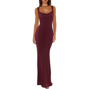 imageREORIA Womens Summer Cowl Neck Mesh Sleeveless Tank Dress Sexy Double Lined Bodycon Maxi Long DressesBurgundy