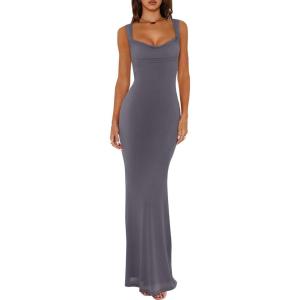 imageREORIA Womens Summer Cowl Neck Mesh Sleeveless Tank Dress Sexy Double Lined Bodycon Maxi Long DressesDeep Grey