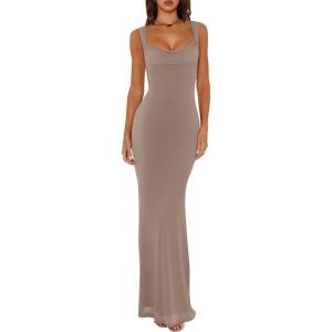 imageREORIA Womens Summer Cowl Neck Mesh Sleeveless Tank Dress Sexy Double Lined Bodycon Maxi Long DressesKhaki