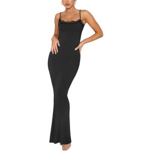 imageREORIA Womens Summer Lace Slip Lounge Long Dress Sexy Casual Elegant Backless Ribbed Bodycon Maxi DressesBlack