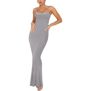 imageREORIA Womens Summer Lace Slip Lounge Long Dress Sexy Casual Elegant Backless Ribbed Bodycon Maxi DressesLight Grey