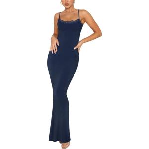 imageREORIA Womens Summer Lace Slip Lounge Long Dress Sexy Casual Elegant Backless Ribbed Bodycon Maxi DressesNavy Blue