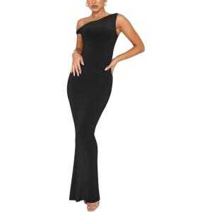 imageREORIA Womens Summer Sexy One Shoulder Formal Long Dress Wedding Guest Elegant Sleeveless Ribbed Bodycon Maxi DressesBlack