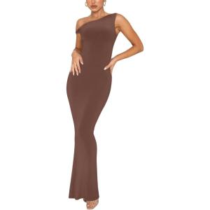 imageREORIA Womens Summer Sexy One Shoulder Formal Long Dress Wedding Guest Elegant Sleeveless Ribbed Bodycon Maxi DressesCoffee