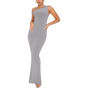 imageREORIA Womens Summer Sexy One Shoulder Formal Long Dress Wedding Guest Elegant Sleeveless Ribbed Bodycon Maxi DressesHeather Grey