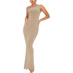imageREORIA Womens Summer Sexy One Shoulder Formal Long Dress Wedding Guest Elegant Sleeveless Ribbed Bodycon Maxi DressesKhaki
