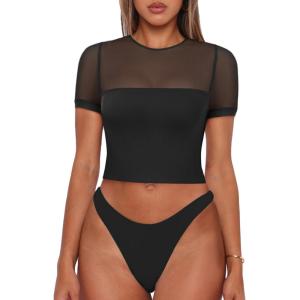 imageREORIA Womens Summer Trendy Sexy Crew Neck Short Sleeve Sheer Mesh Going Out Tops Slim Fit T Shirts Crop top TeeBlack