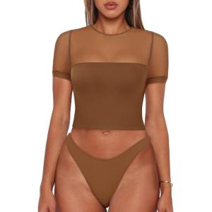 imageREORIA Womens Summer Trendy Sexy Crew Neck Short Sleeve Sheer Mesh Going Out Tops Slim Fit T Shirts Crop top TeeBrown