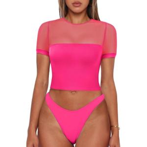 imageREORIA Womens Summer Trendy Sexy Crew Neck Short Sleeve Sheer Mesh Going Out Tops Slim Fit T Shirts Crop top TeeNeon Rose Red