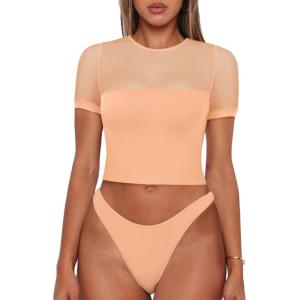 imageREORIA Womens Summer Trendy Sexy Crew Neck Short Sleeve Sheer Mesh Going Out Tops Slim Fit T Shirts Crop top TeePeach Fuzz