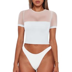 imageREORIA Womens Summer Trendy Sexy Crew Neck Short Sleeve Sheer Mesh Going Out Tops Slim Fit T Shirts Crop top TeeWhite