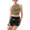 imageREORIA Butsmooth Womens Sleeveless Halter Neck Double Lined Casual Basic Tank Crop TopsKhaki Leopard