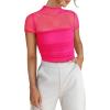 imageREORIA Womens Sexy Trendy Sheer Mesh Ruched Mock Turtleneck Short Sleeve Going Out Shirts Crop TopsNeon Rose Red