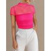 imageREORIA Womens Sexy Trendy Sheer Mesh Ruched Mock Turtleneck Short Sleeve Going Out Shirts Crop TopsNeon Rose Red