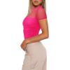 imageREORIA Womens Sexy Trendy Sheer Mesh Ruched Mock Turtleneck Short Sleeve Going Out Shirts Crop TopsNeon Rose Red