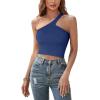 imageREORIA Womens Trendy Sexy One Shoulder Double Lined Seamless Backless Sleeveless Going Out Trendy Crop Tank TopsDark Blue