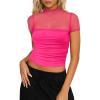 imageREORIA Womens Sexy Trendy Sheer Mesh Ruched Mock Turtleneck Short Sleeve Going Out Shirts Crop TopsNeon Rose Red