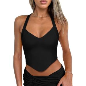 imageREORIA Butsmooth Double Lined Sexy Halter Tops Camisole V Neck Sleeveless Corset Y2K Going Out Crop Tank Tops for WomenBlack