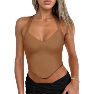 imageREORIA Butsmooth Double Lined Sexy Halter Tops Camisole V Neck Sleeveless Corset Y2K Going Out Crop Tank Tops for WomenBrown