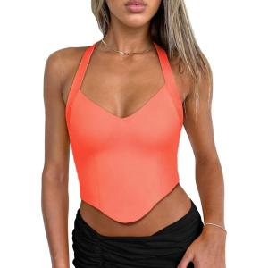 imageREORIA Butsmooth Double Lined Sexy Halter Tops Camisole V Neck Sleeveless Corset Y2K Going Out Crop Tank Tops for WomenNeon Pink