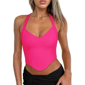 imageREORIA Butsmooth Double Lined Sexy Halter Tops Camisole V Neck Sleeveless Corset Y2K Going Out Crop Tank Tops for WomenNeon Rose Red