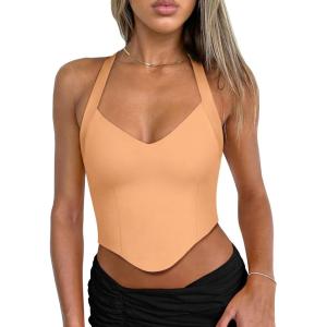 imageREORIA Butsmooth Double Lined Sexy Halter Tops Camisole V Neck Sleeveless Corset Y2K Going Out Crop Tank Tops for WomenOrange Powder