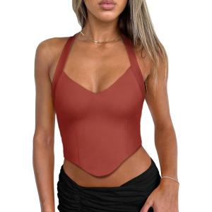 imageREORIA Butsmooth Double Lined Sexy Halter Tops Camisole V Neck Sleeveless Corset Y2K Going Out Crop Tank Tops for WomenRusty Red