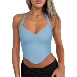 imageREORIA Butsmooth Double Lined Sexy Halter Tops Camisole V Neck Sleeveless Corset Y2K Going Out Crop Tank Tops for WomenSky Blue