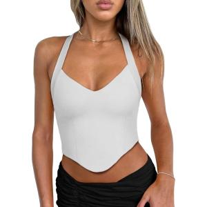 imageREORIA Butsmooth Double Lined Sexy Halter Tops Camisole V Neck Sleeveless Corset Y2K Going Out Crop Tank Tops for WomenWhite